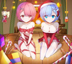Christmas anime 2017 Rem ReZero Ram.Android wallpaper 2160x1920